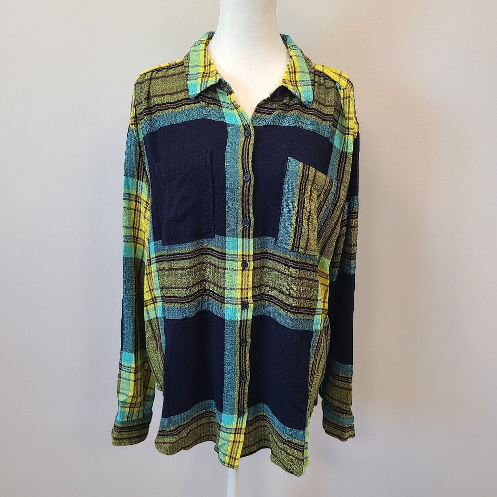 CATO TEXTURED NAVY PLAID TUNIC NWOT